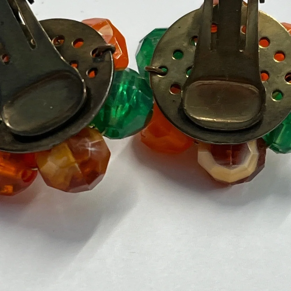 Vintage Multi Color Lucite Bead Cluster Fruit Salad Clip on Copper Back Earrings